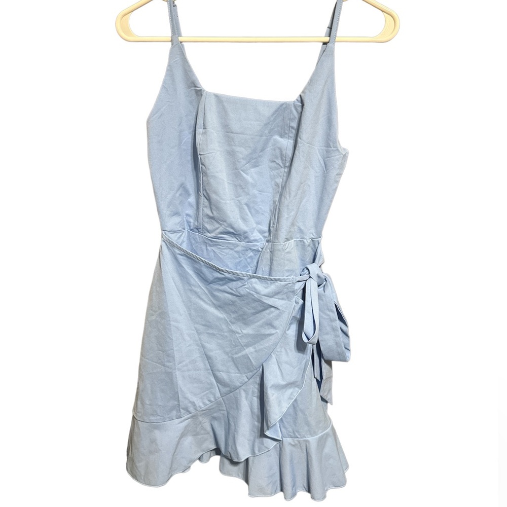 Women's Ruffle Hem Solid Wrap Dress Spaghetti Strap Front Tie Knot Dress